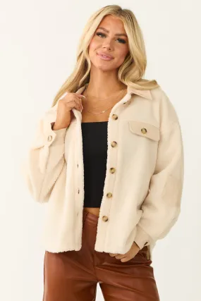 Cream Sherpa Shacket with Faux Leather Detail