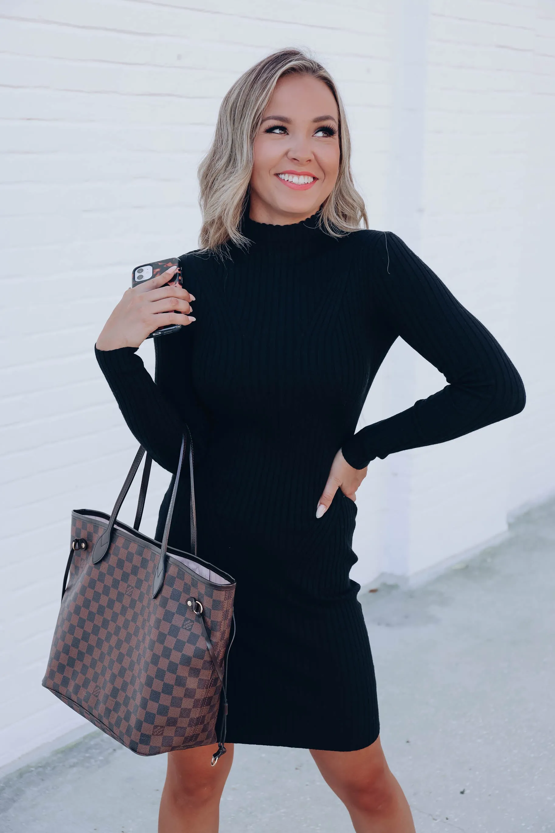 Crisp Fall Days Ribbed Dress - Black