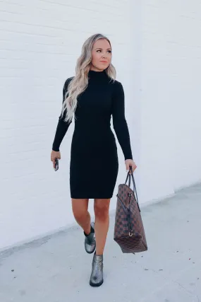 Crisp Fall Days Ribbed Dress - Black