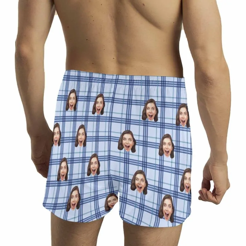 Custom Face Blue Plaid Boxer Shorts Pure Cotton Shorts for Men