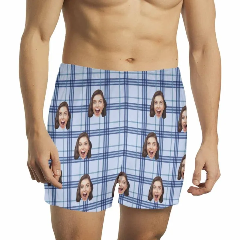 Custom Face Blue Plaid Boxer Shorts Pure Cotton Shorts for Men