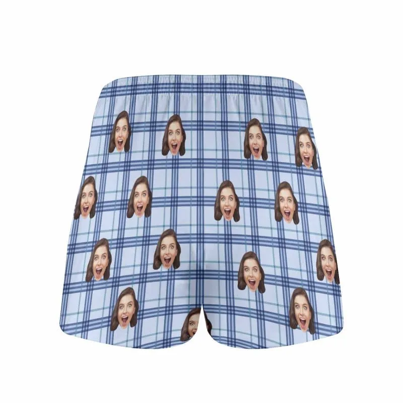 Custom Face Blue Plaid Boxer Shorts Pure Cotton Shorts for Men