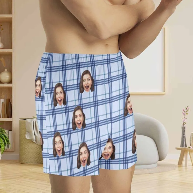 Custom Face Blue Plaid Boxer Shorts Pure Cotton Shorts for Men