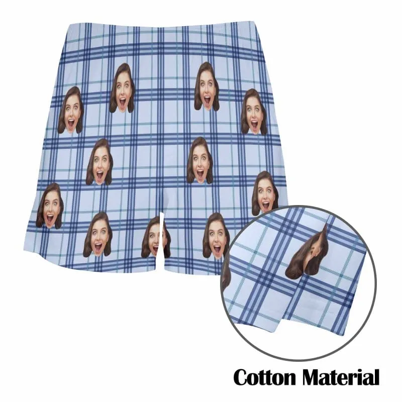 Custom Face Blue Plaid Boxer Shorts Pure Cotton Shorts for Men