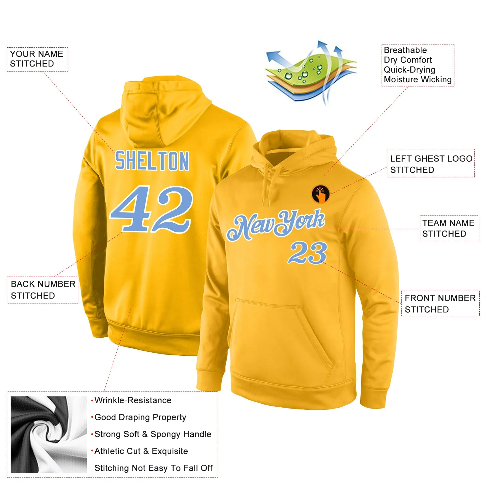 Custom Stitched Gold Light Blue-White Sports Pullover Sweatshirt Hoodie