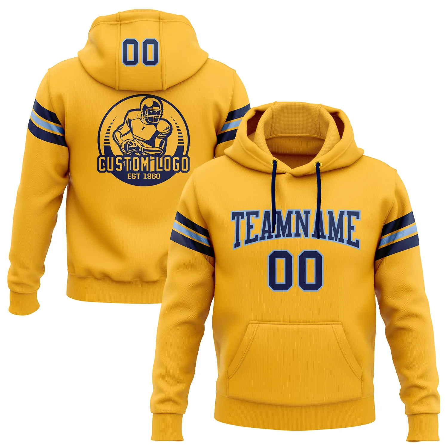 Custom Stitched Gold Navy-Light Blue Football Pullover Sweatshirt Hoodie