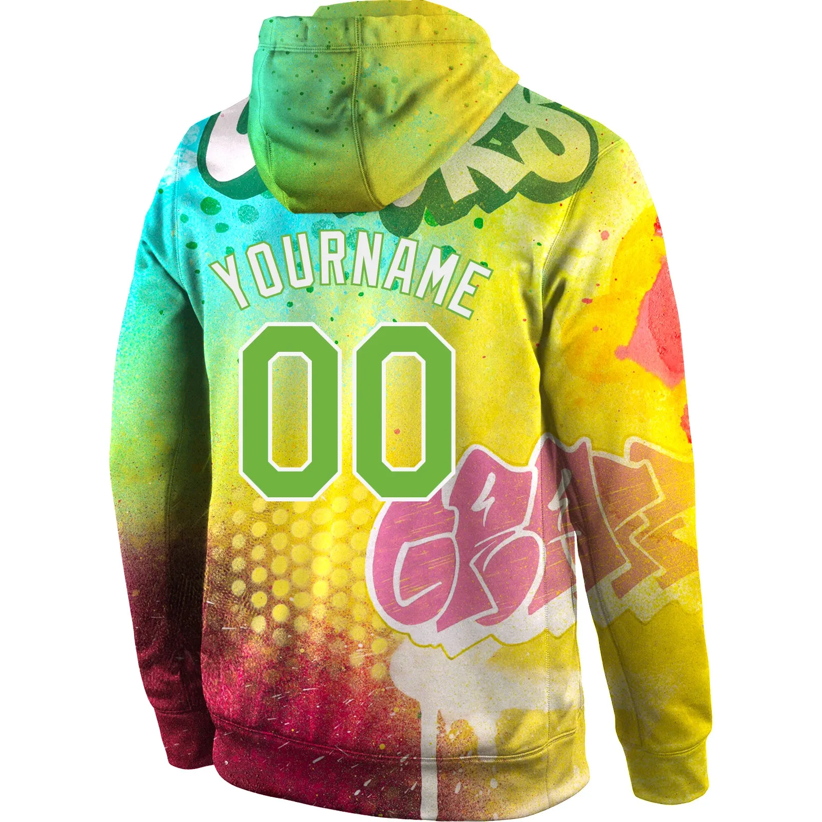 Custom Stitched Graffiti Pattern Neon Green-White 3D Sports Pullover Sweatshirt Hoodie