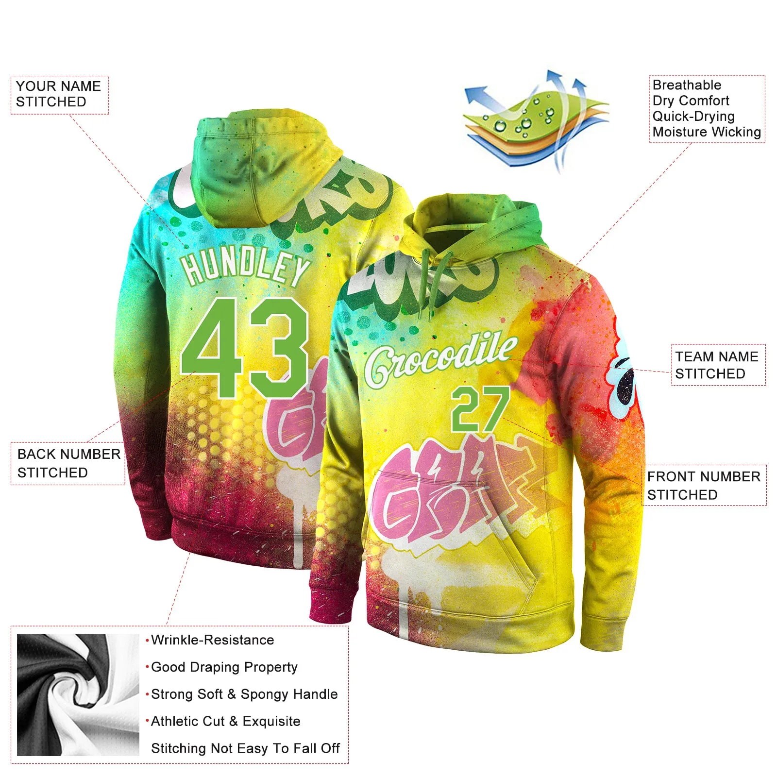 Custom Stitched Graffiti Pattern Neon Green-White 3D Sports Pullover Sweatshirt Hoodie