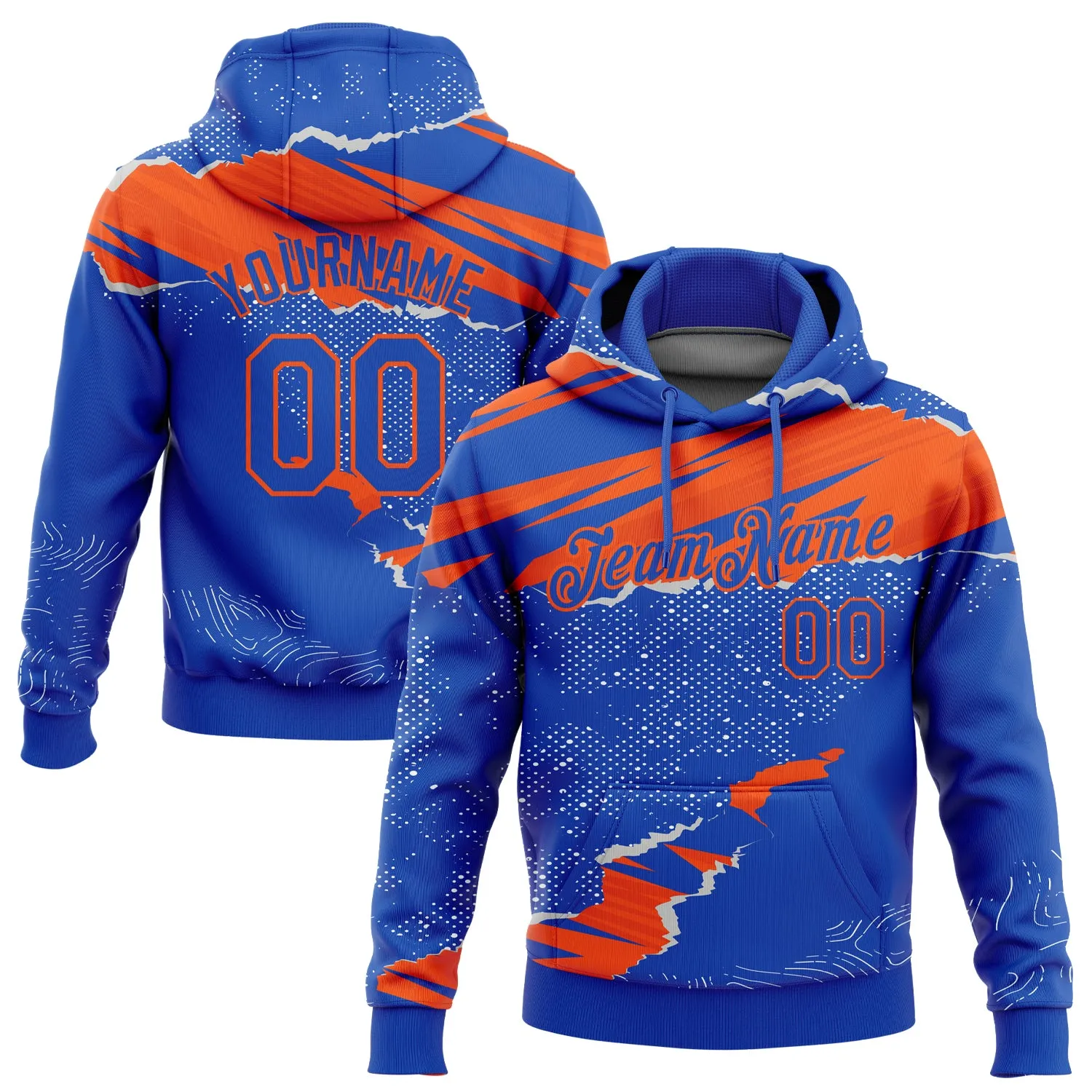 Custom Stitched Thunder Blue Orange 3D Pattern Design Torn Paper Style Sports Pullover Sweatshirt Hoodie