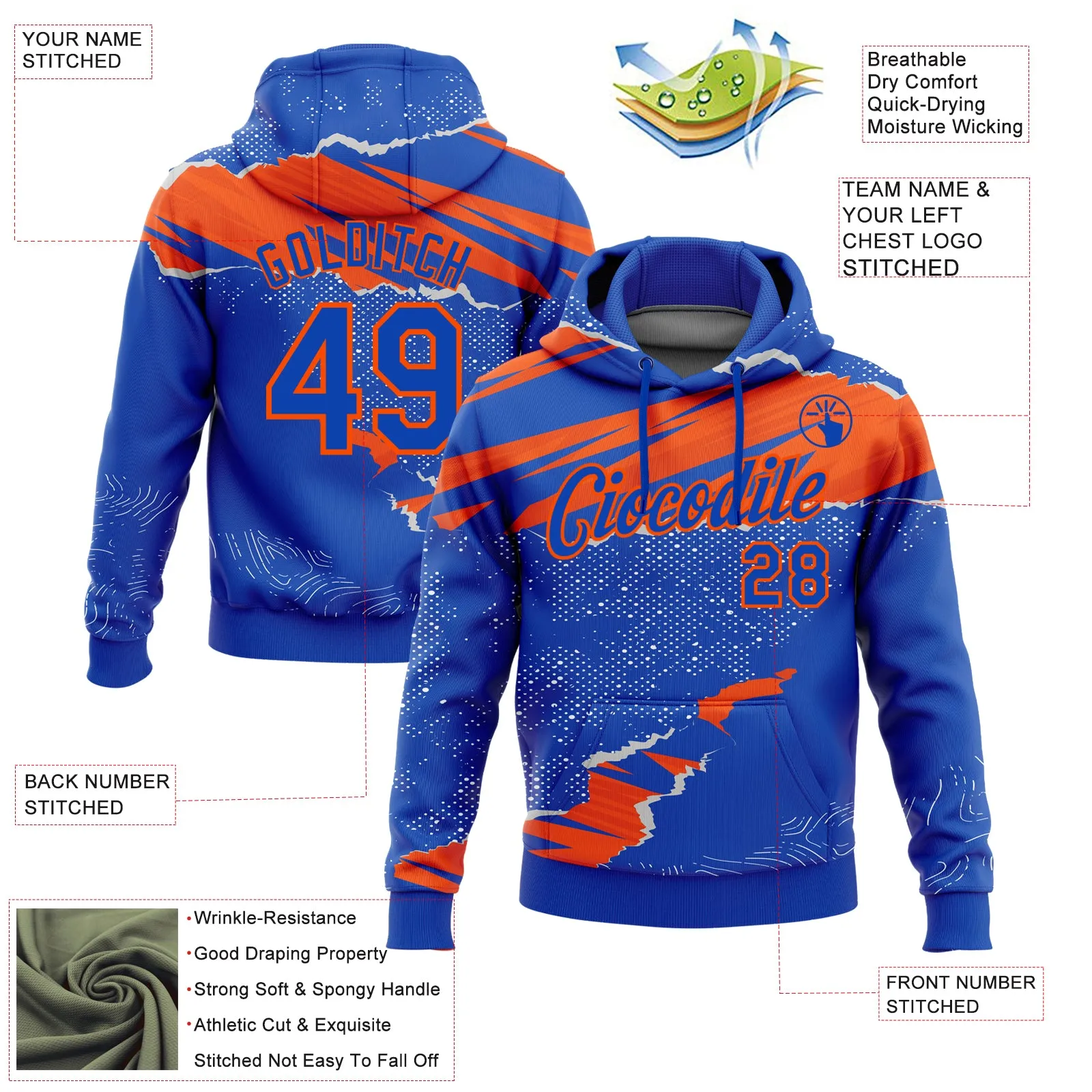 Custom Stitched Thunder Blue Orange 3D Pattern Design Torn Paper Style Sports Pullover Sweatshirt Hoodie