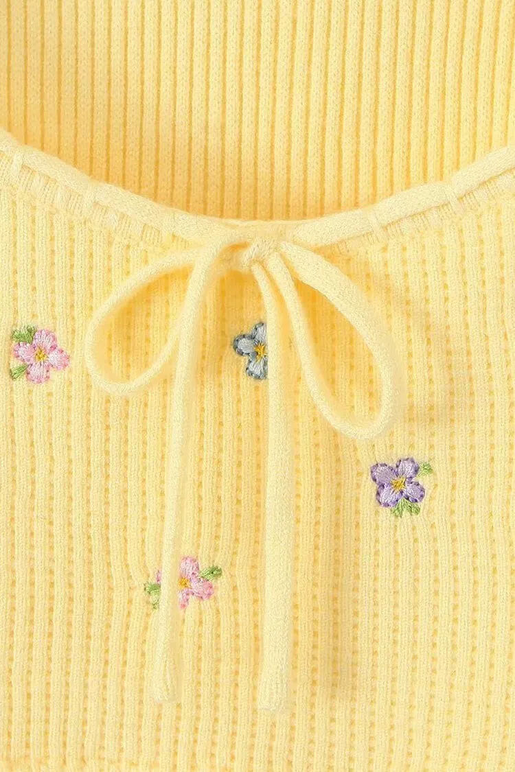 Cute Tie Neck Floral Embroidery Long Sleeve Crop Ribbed Knit Sweater