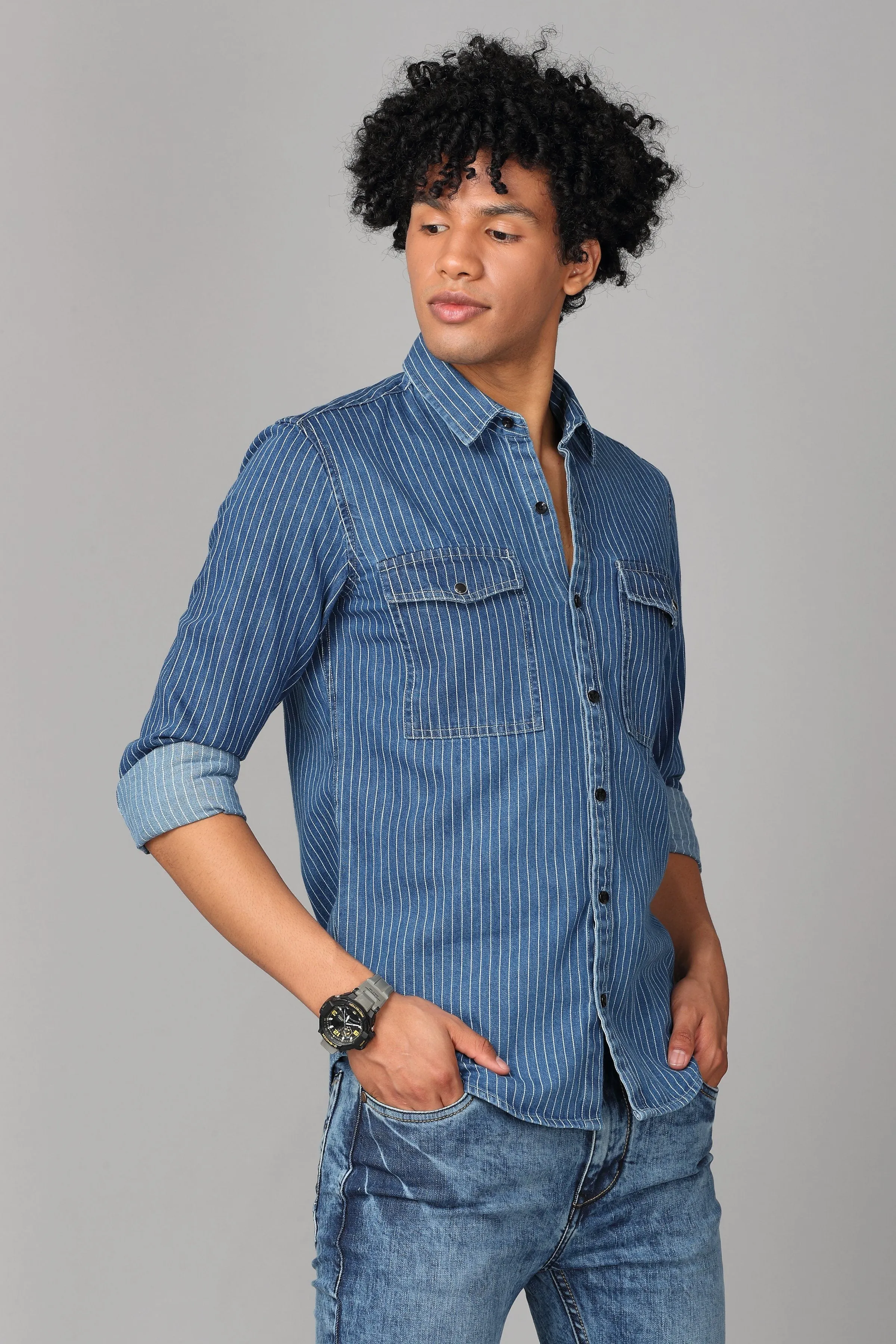 Denim Shirt in White Stripes Blue