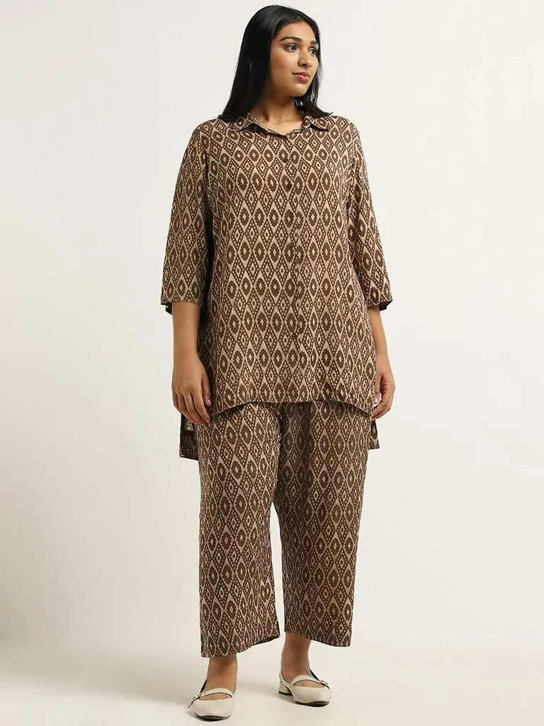 Diza Brown Printed Cotton Straight Pants