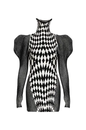 Drama Argyle Rib Knit Turtleneck Puff Sleeve Bodycon Party Mini Dress