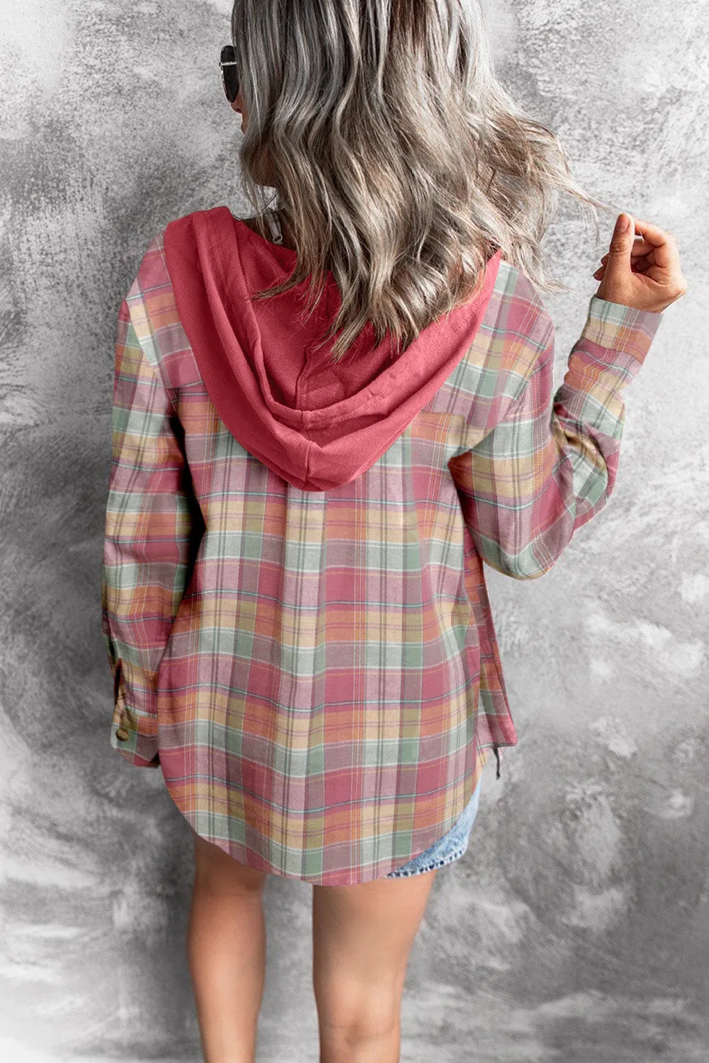 Drawstring Plaid Hooded Shacket