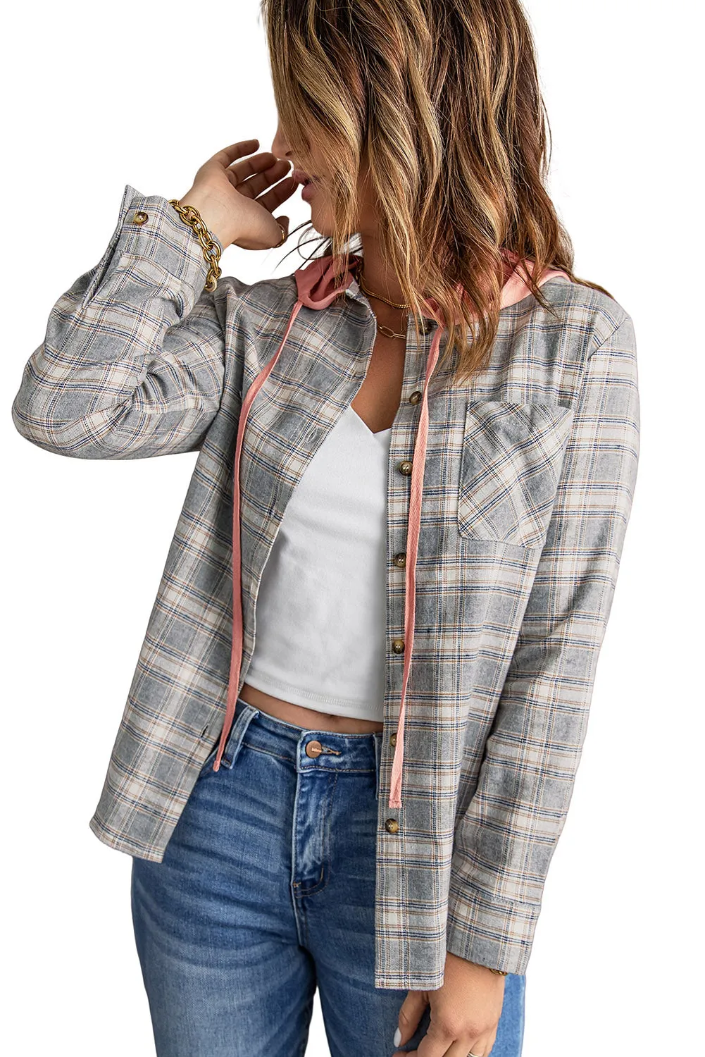 Drawstring Plaid Hooded Shacket