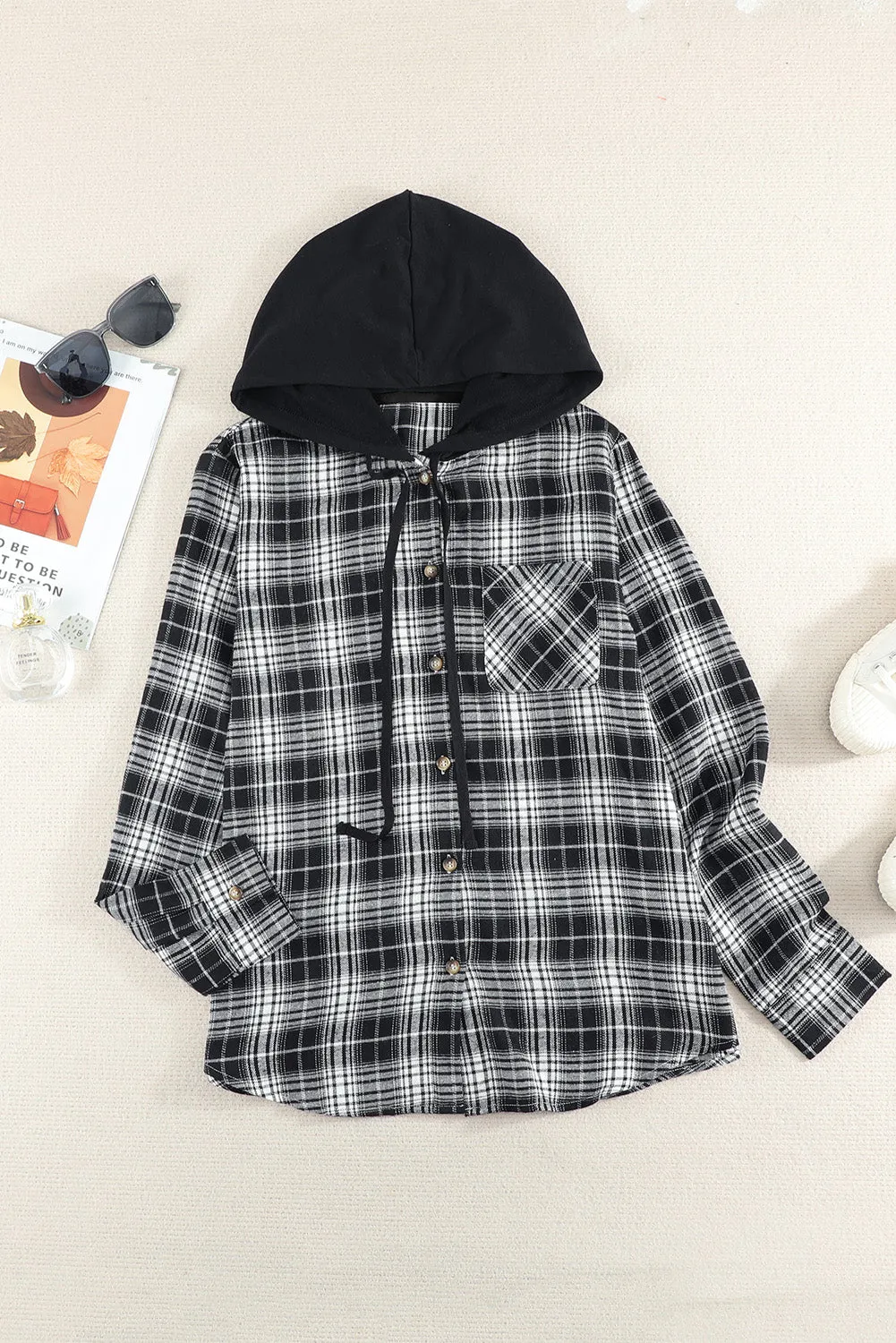 Drawstring Plaid Hooded Shacket