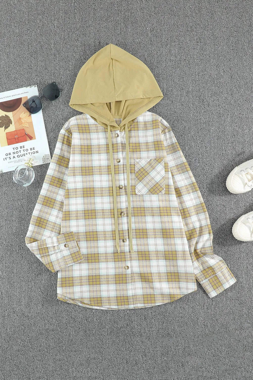 Drawstring Plaid Hooded Shacket