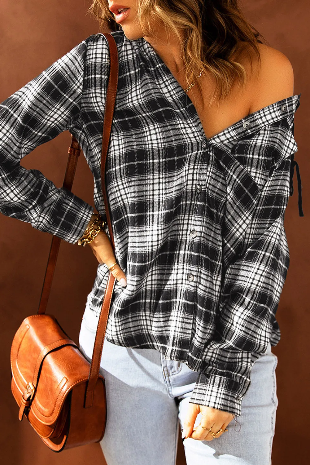 Drawstring Plaid Hooded Shacket