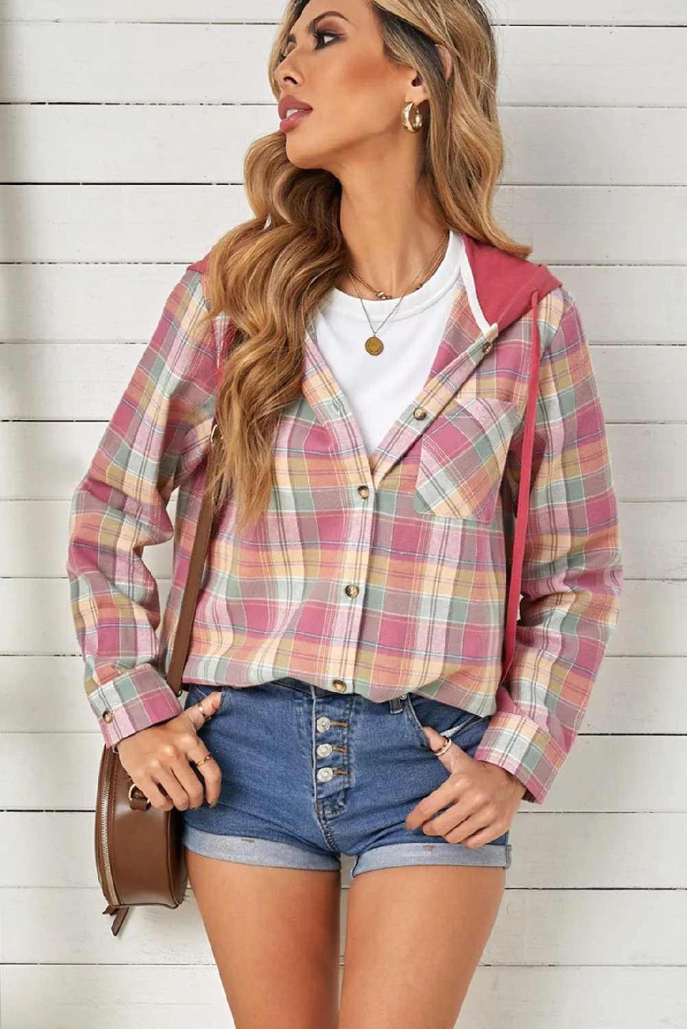 Drawstring Plaid Hooded Shacket