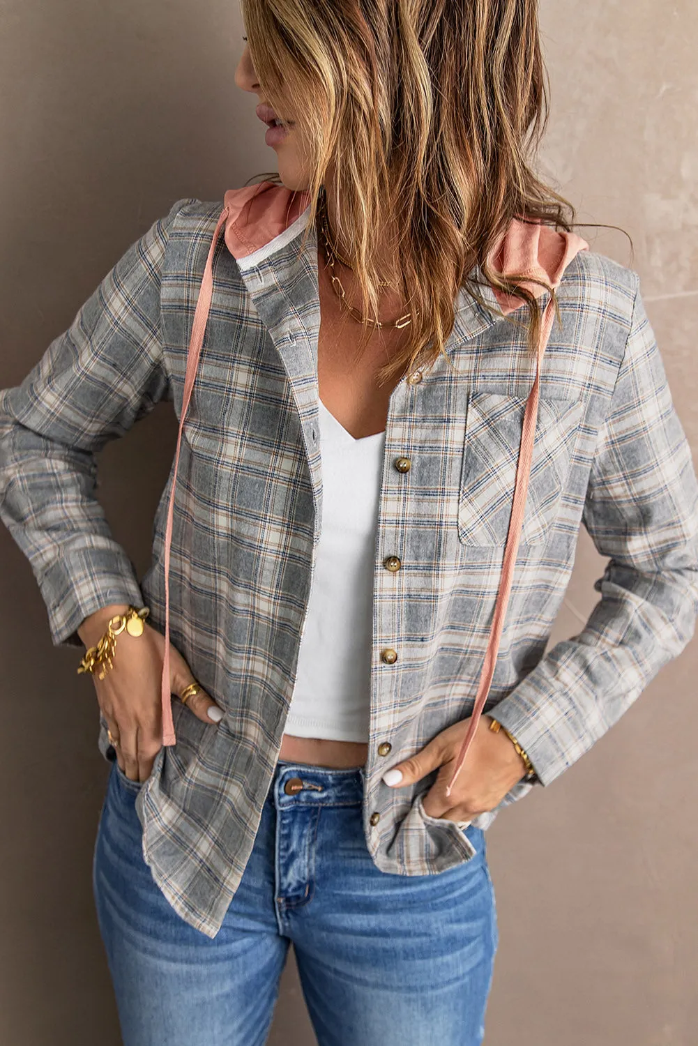 Drawstring Plaid Hooded Shacket