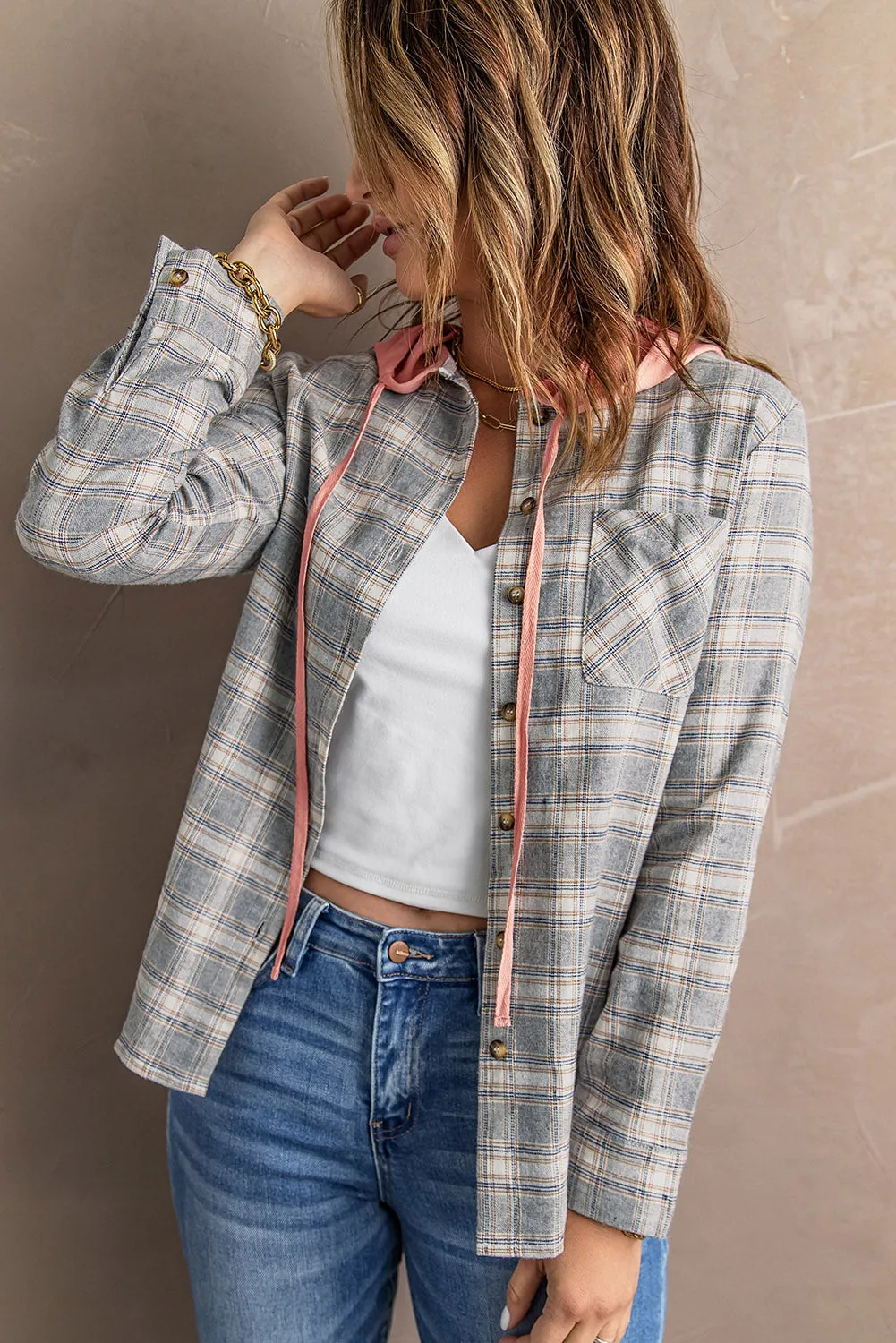 Drawstring Plaid Hooded Shacket