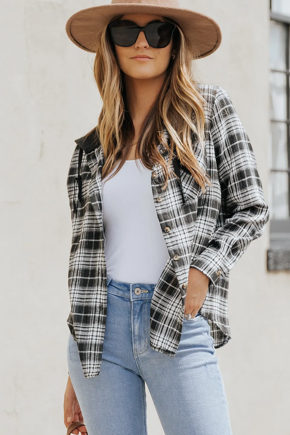 Drawstring Plaid Hooded Shacket