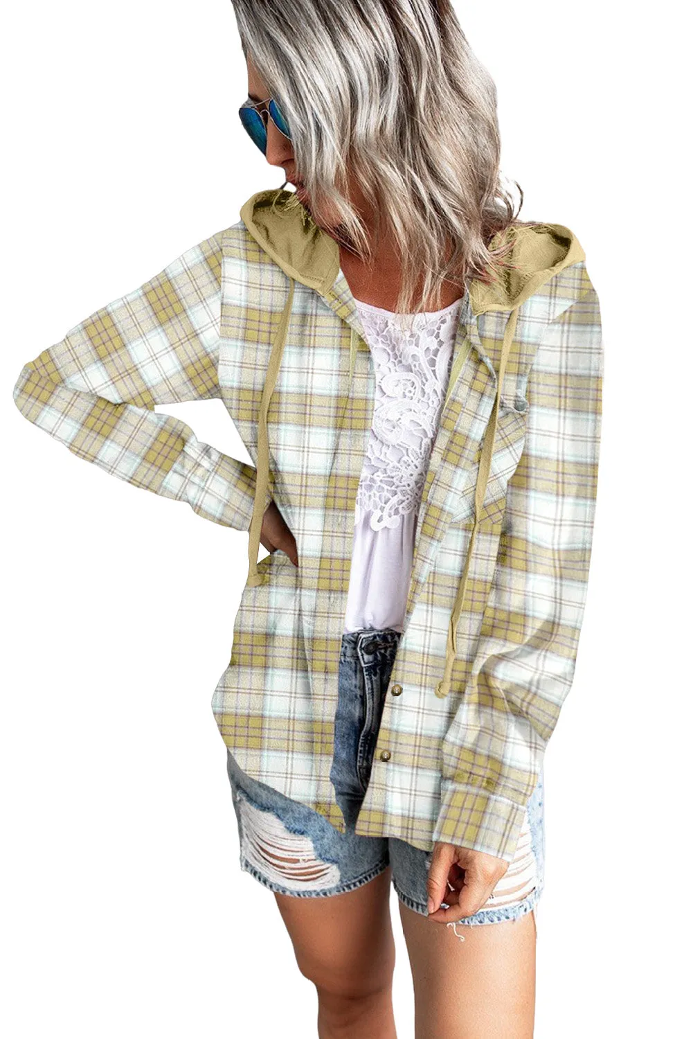 Drawstring Plaid Hooded Shacket