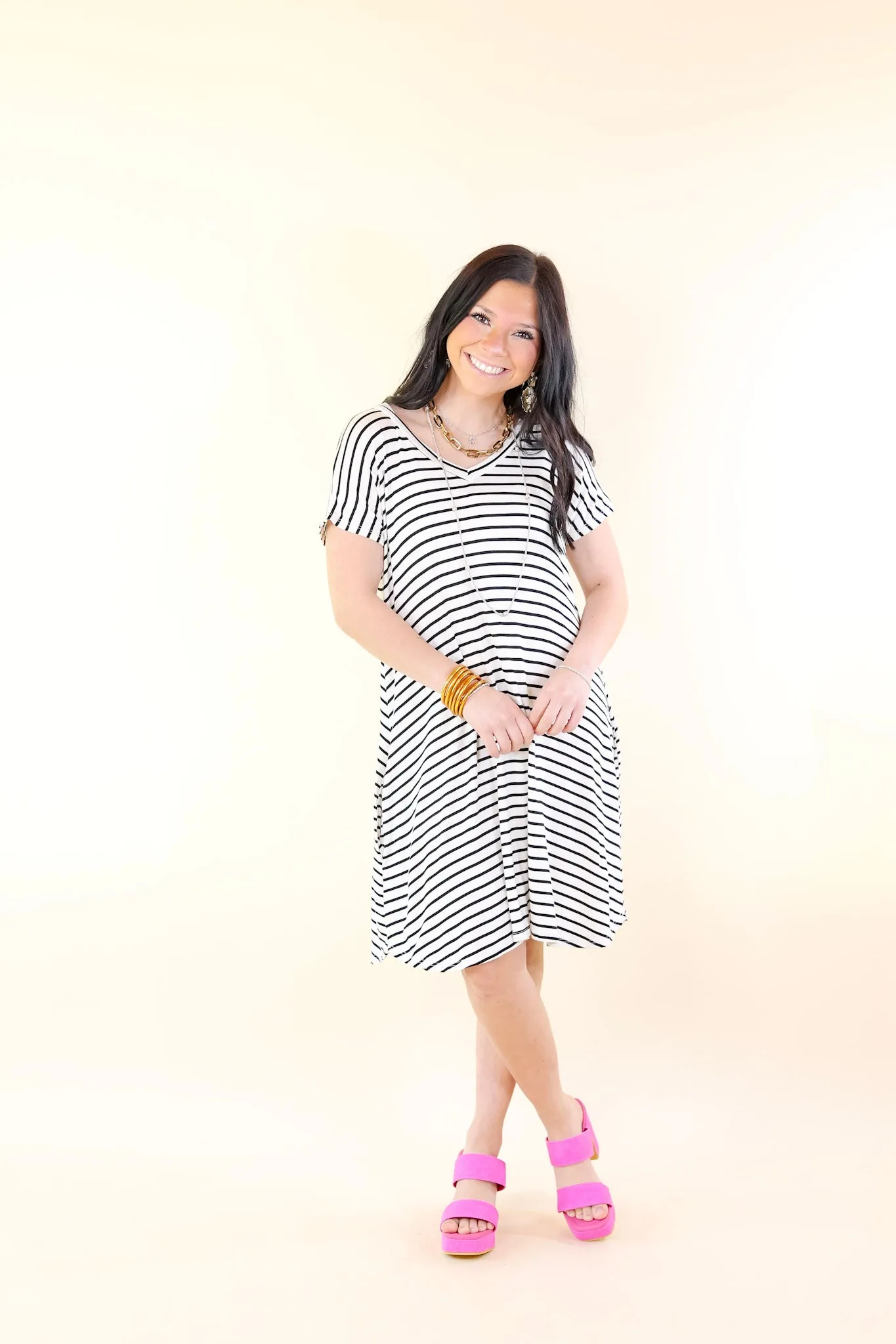 Effortless Moments Striped Short Sleeve Tee Shirt Dress in White