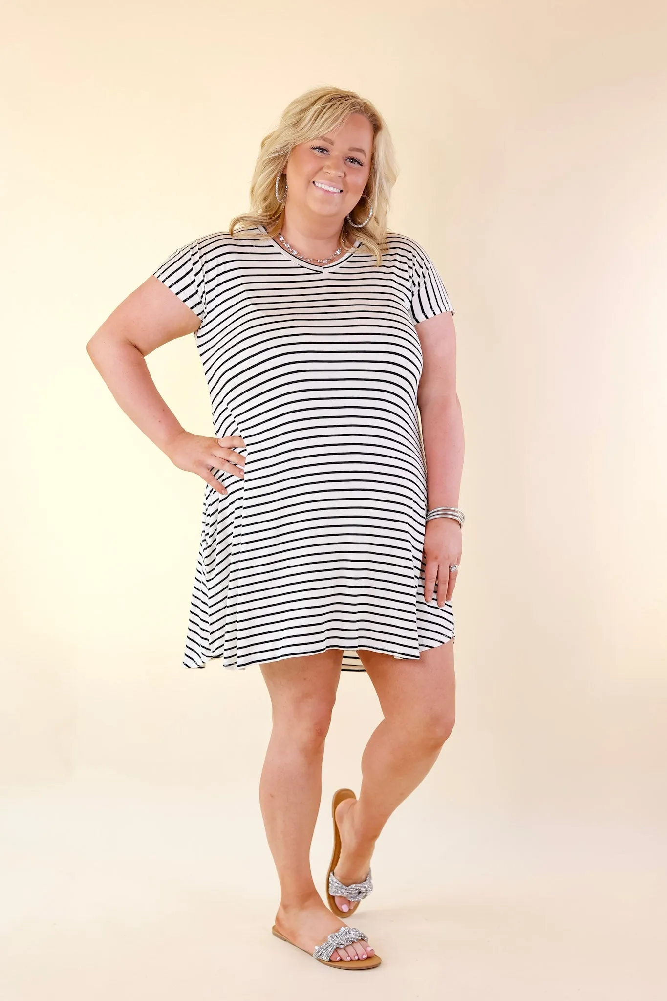 Effortless Moments Striped Short Sleeve Tee Shirt Dress in White