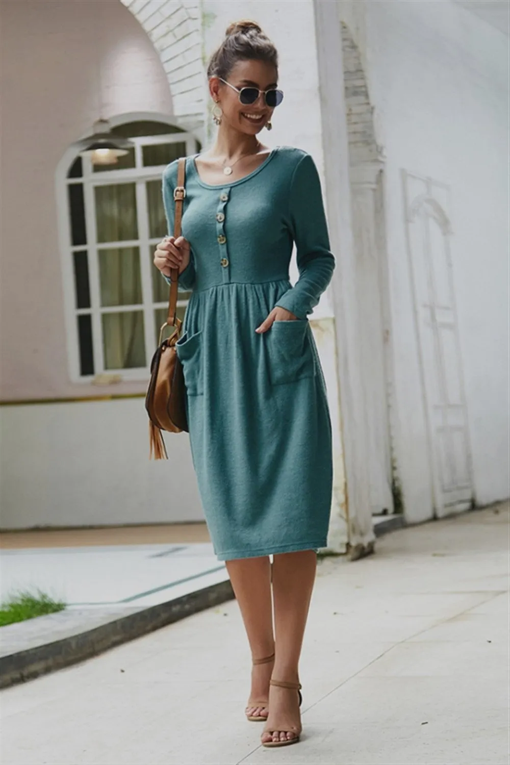 Elegant Double Pockets Slim Sweater Dress