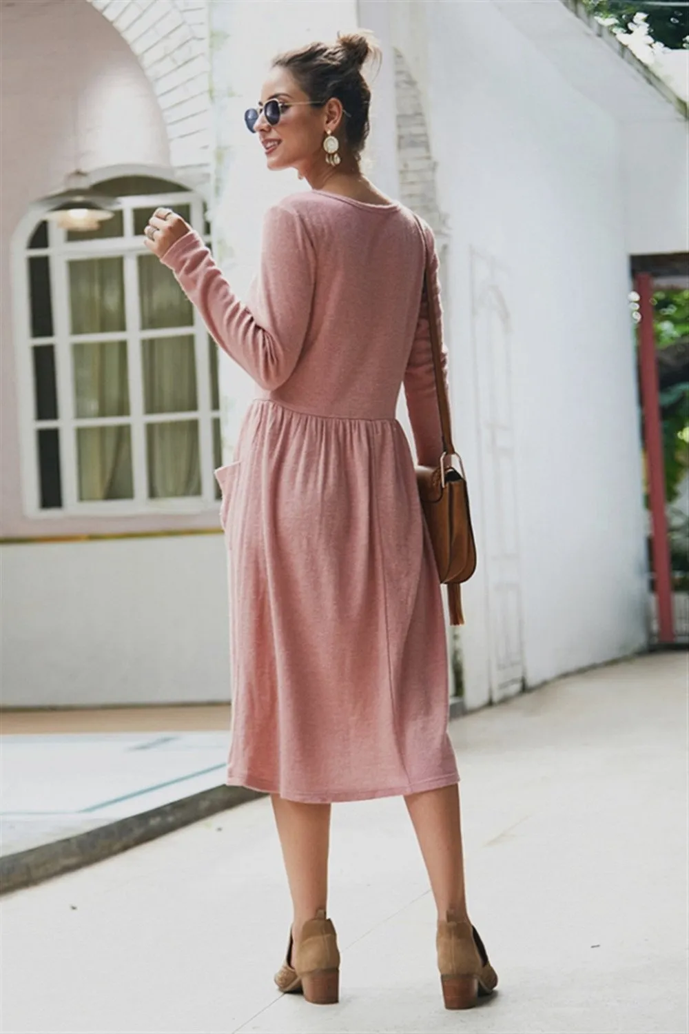 Elegant Double Pockets Slim Sweater Dress