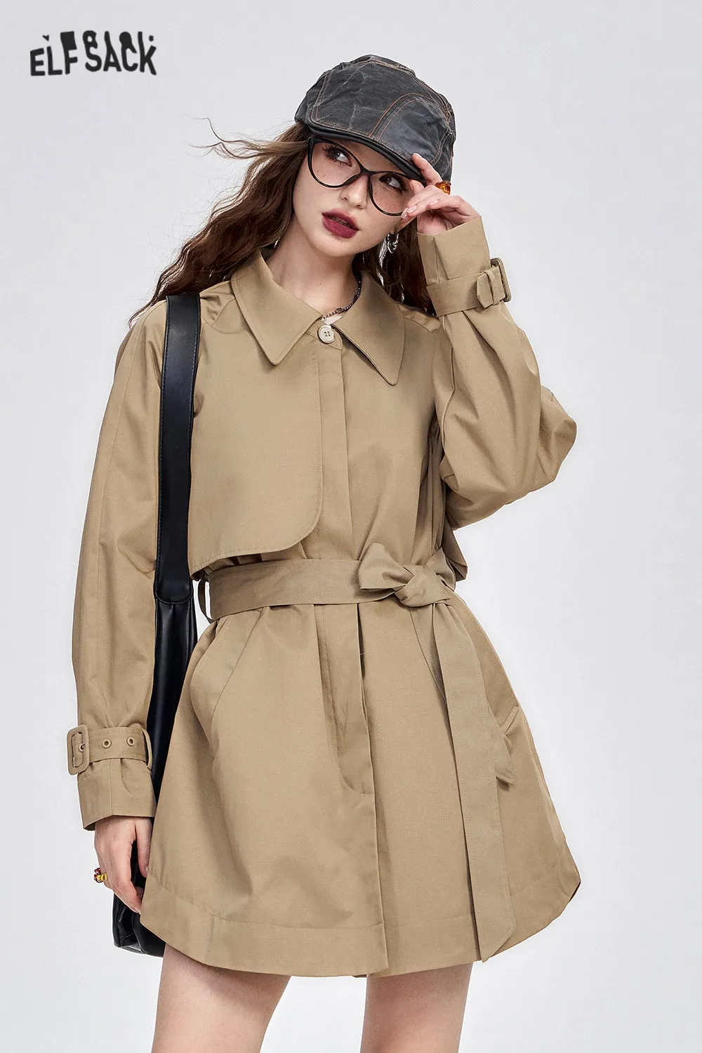 ELFSACK 2024 Autumn New Arrive Retro simple raglan sleeves single-breasted khaki fine glitter mid-length trench coat for women