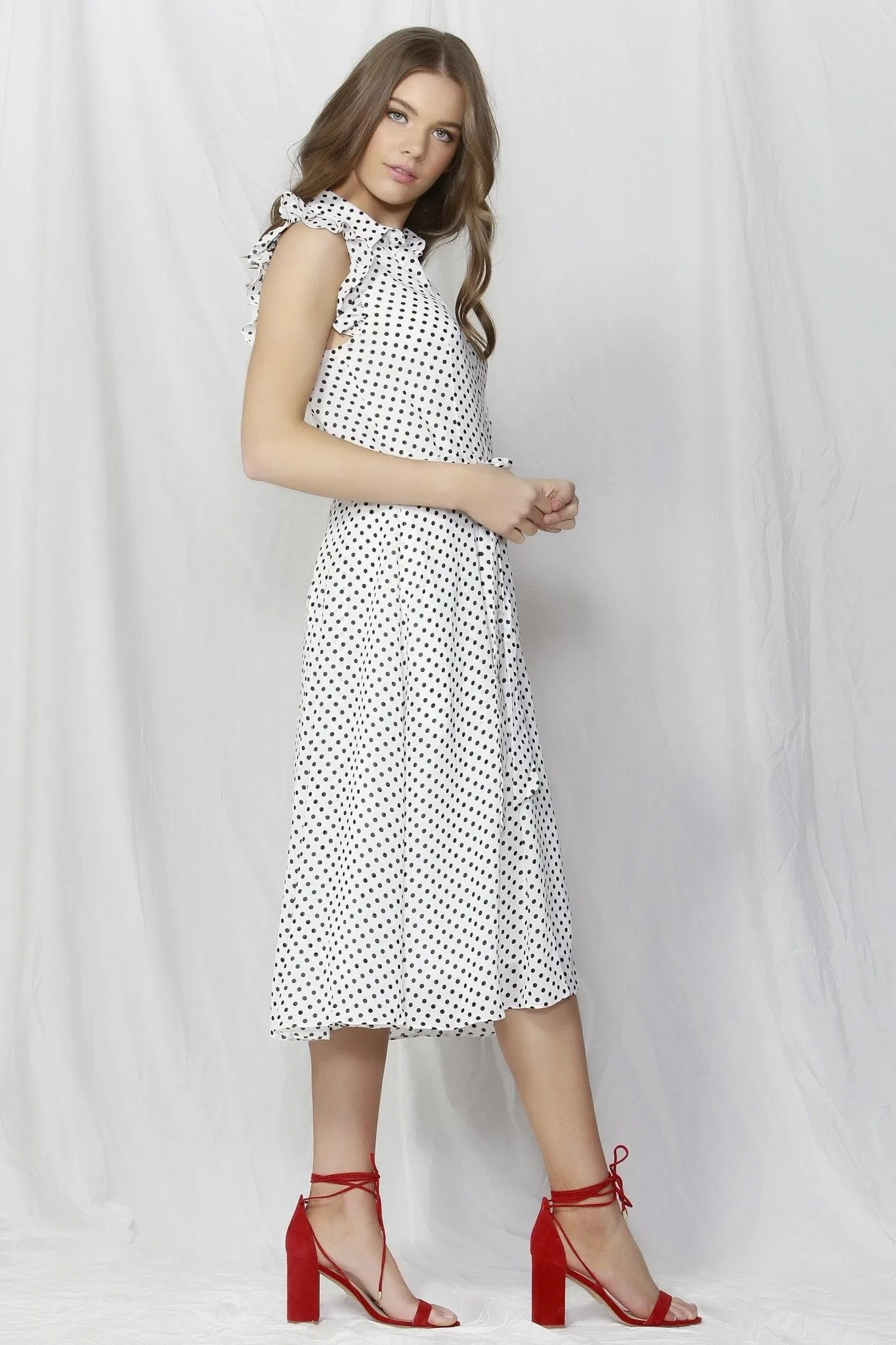 Fate   Becker Bronte Button Down Dress in White Polka Dot