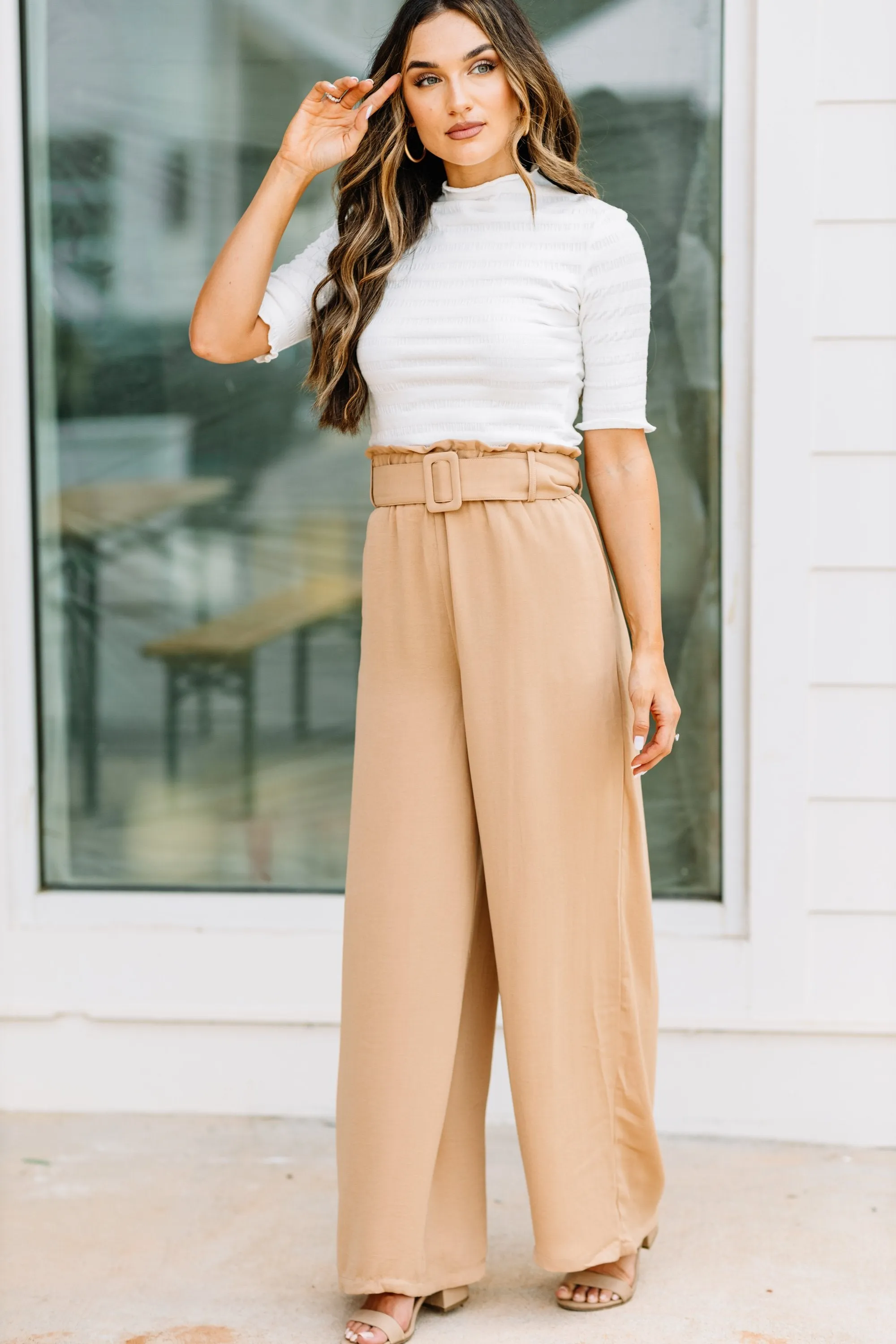 Feeling Bossy Camel Brown Belted Pants