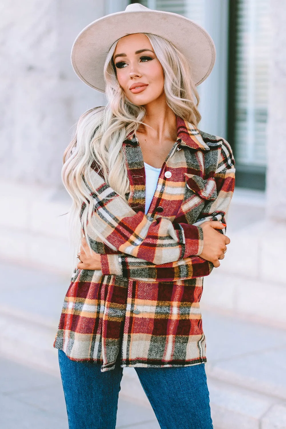 Geometric Plaid Print Pocketed Shacket