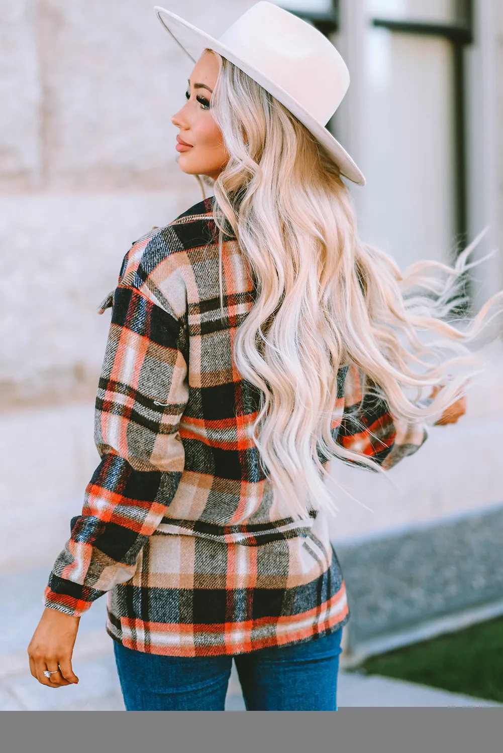 Geometric Plaid Print Pocketed Shacket