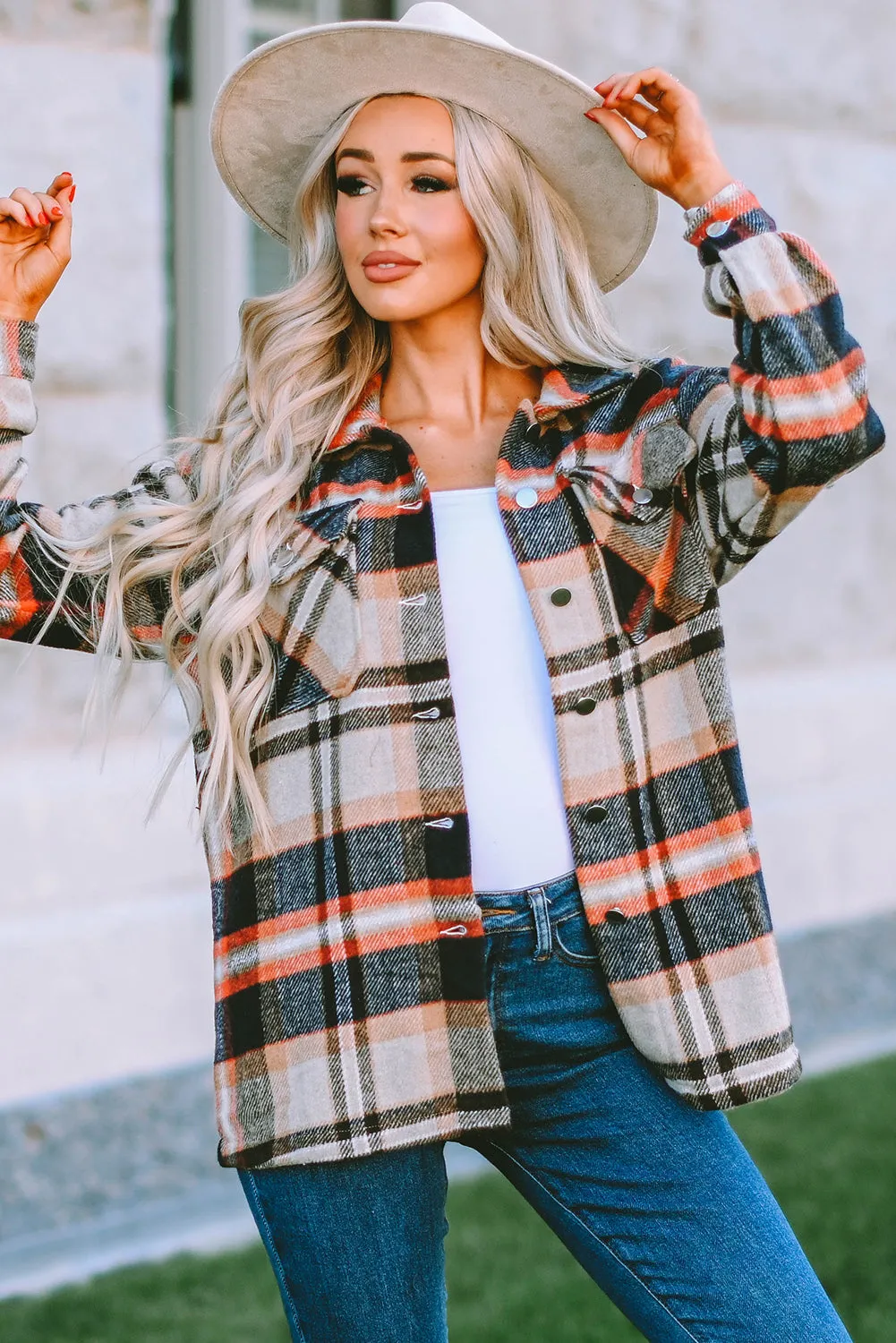 Geometric Plaid Print Pocketed Shacket