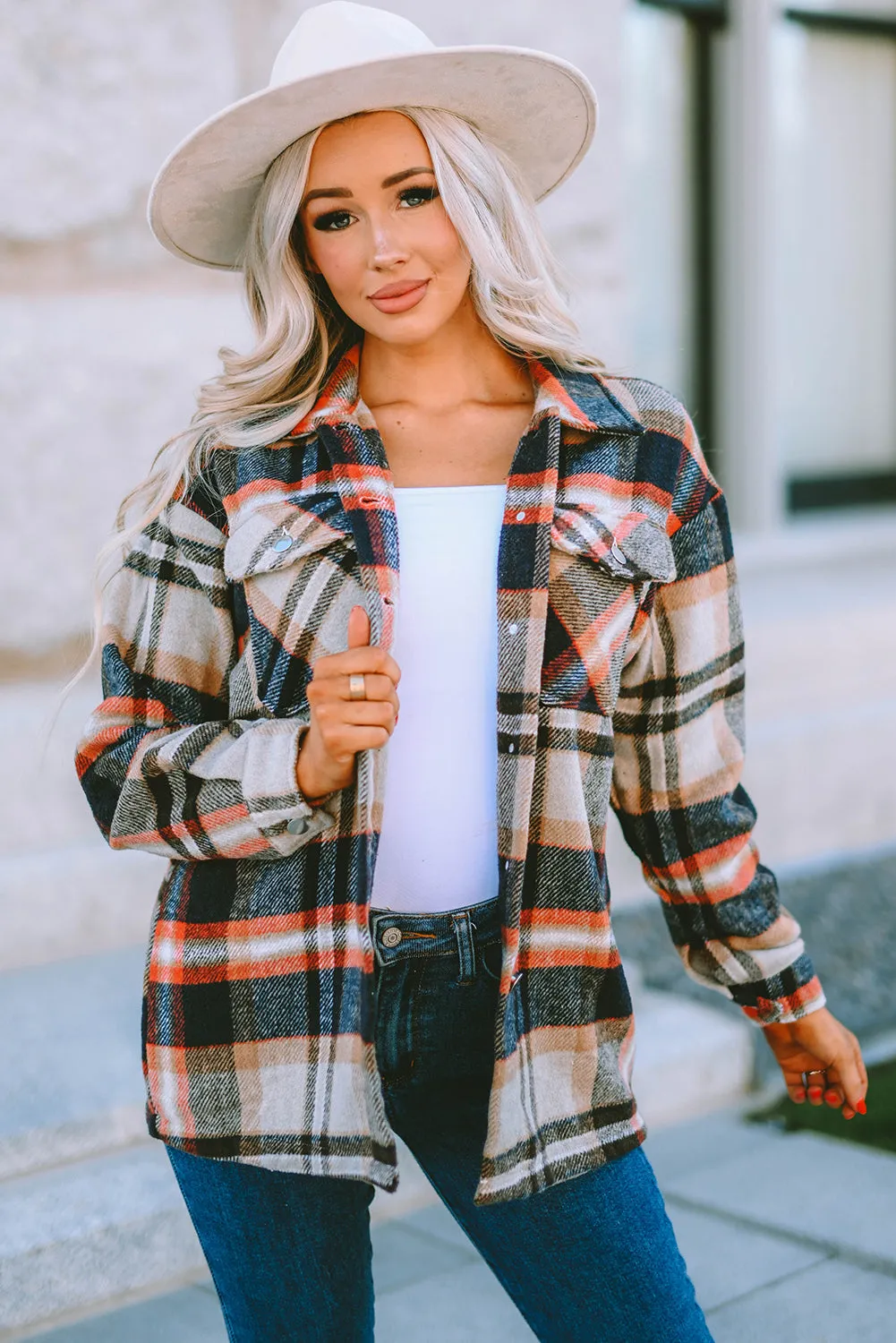 Geometric Plaid Print Pocketed Shacket