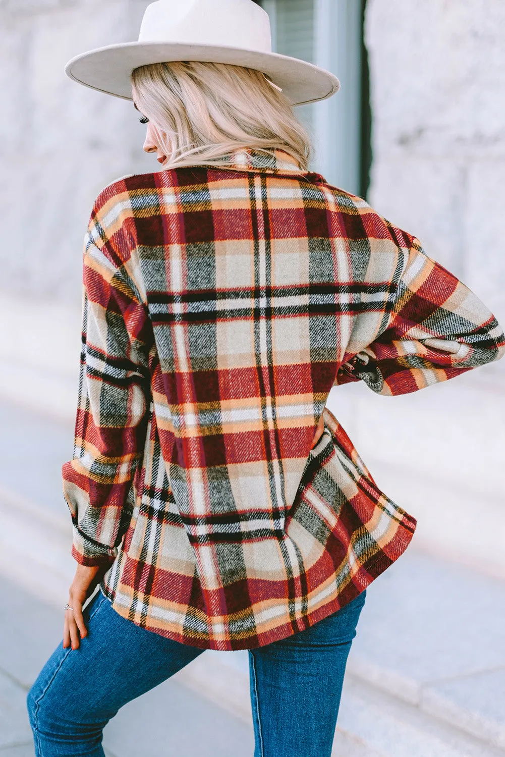 Geometric Plaid Print Pocketed Shacket