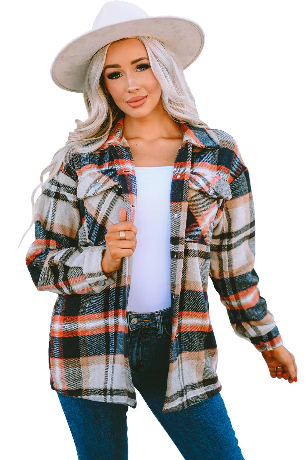 Geometric Plaid Print Pocketed Shacket