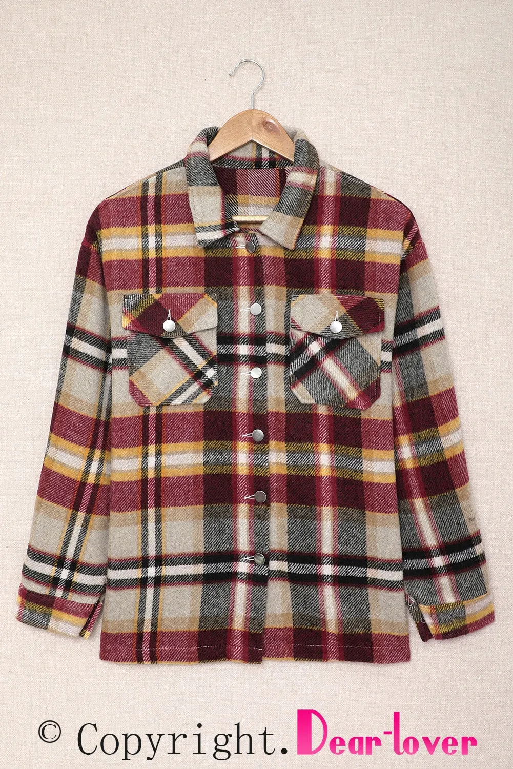 Geometric Plaid Print Pocketed Shacket