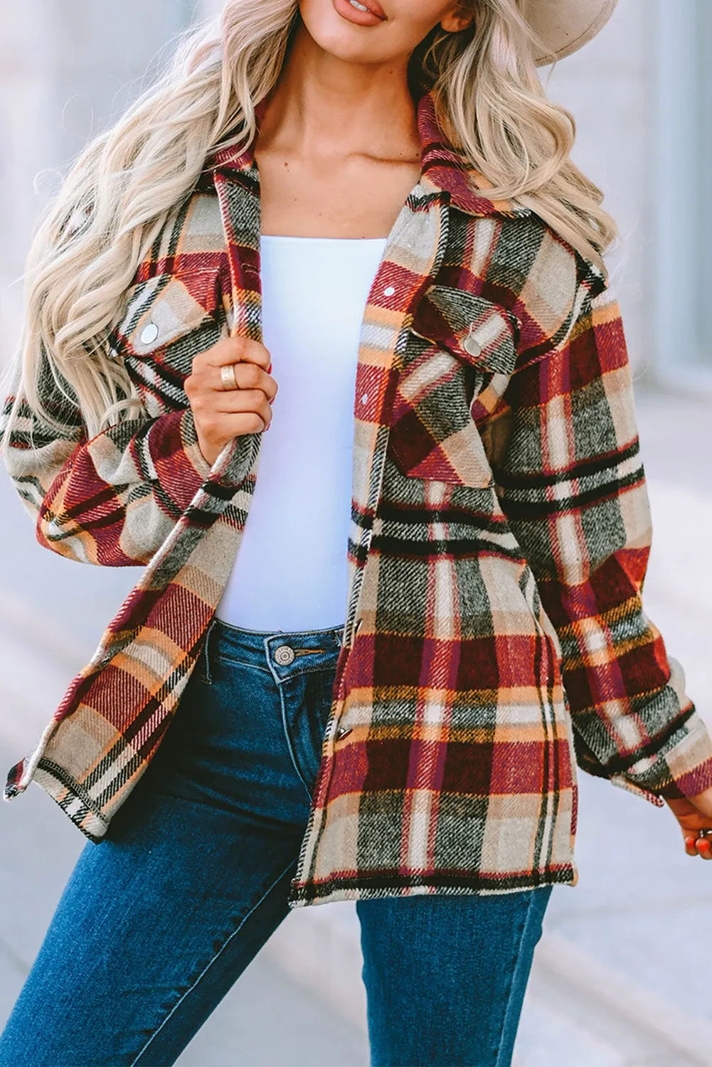 Geometric Plaid Print Pocketed Shacket