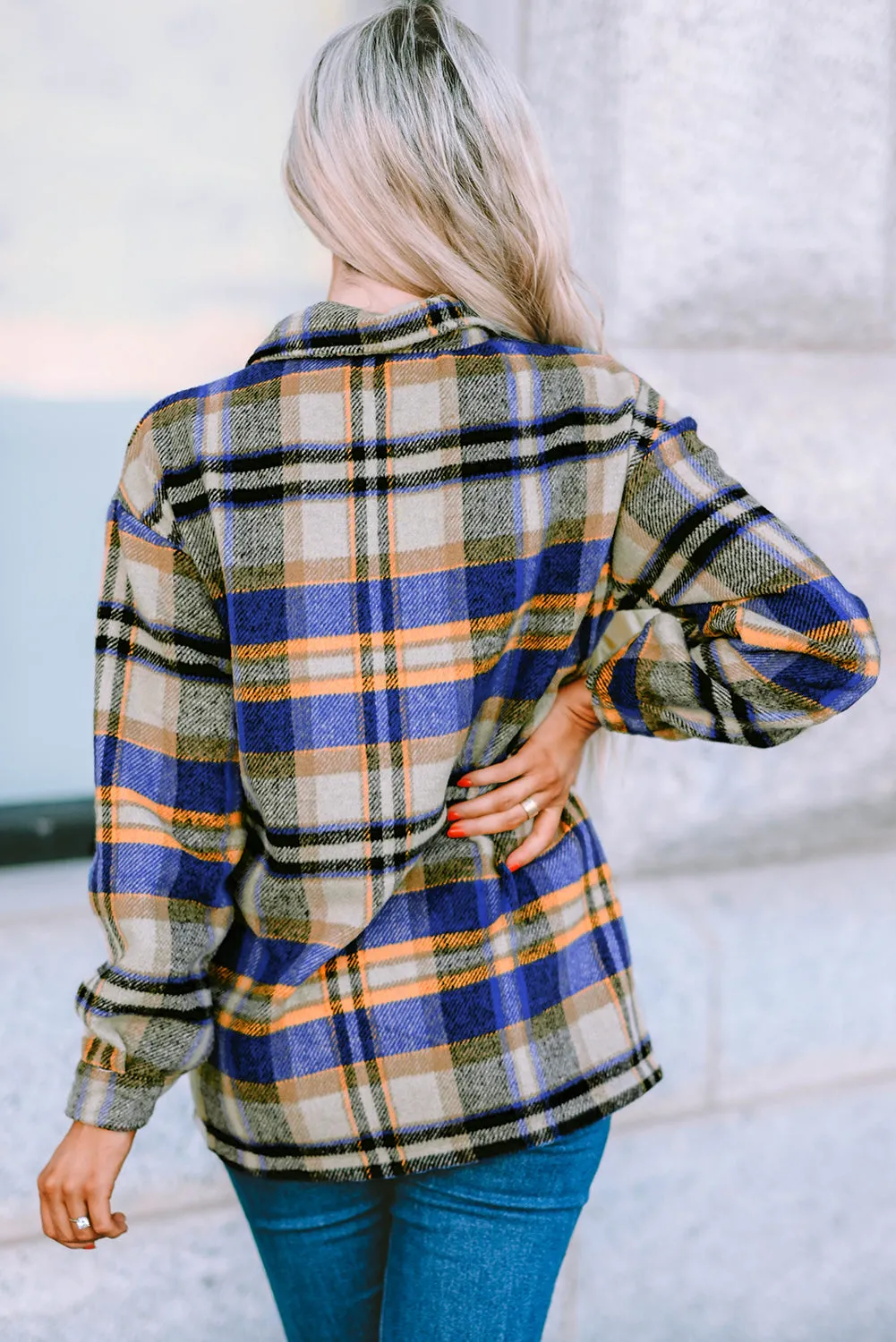 Geometric Plaid Print Pocketed Shacket