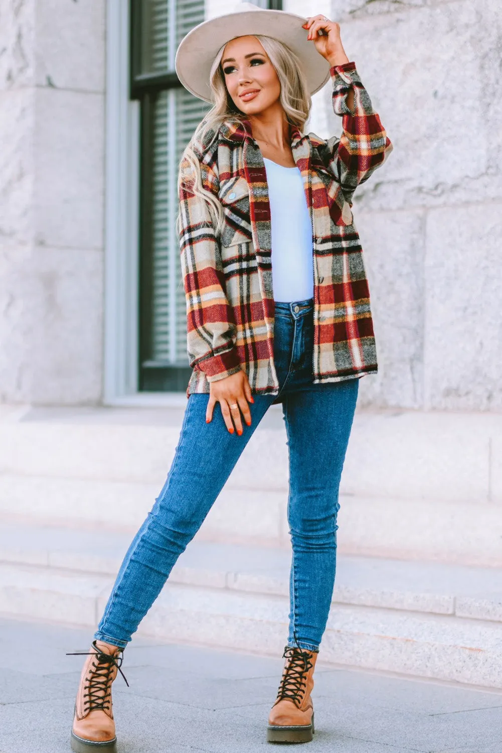 Geometric Plaid Print Pocketed Shacket