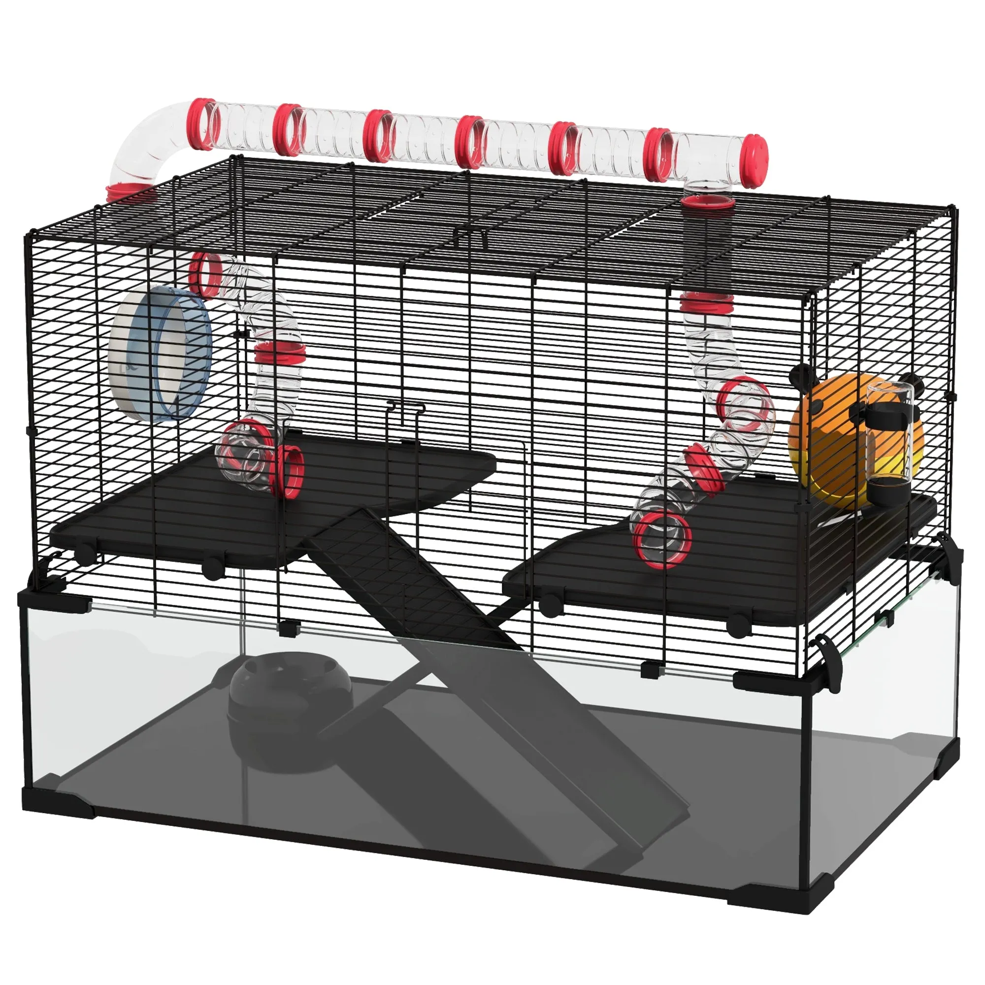 Gerbil Cage Dwarf Hamster with Deep Glass Bottom, Tunnels Tubes, Ramps, Hut, Exercise Wheel, 78.5 x 48.5 x 57cm