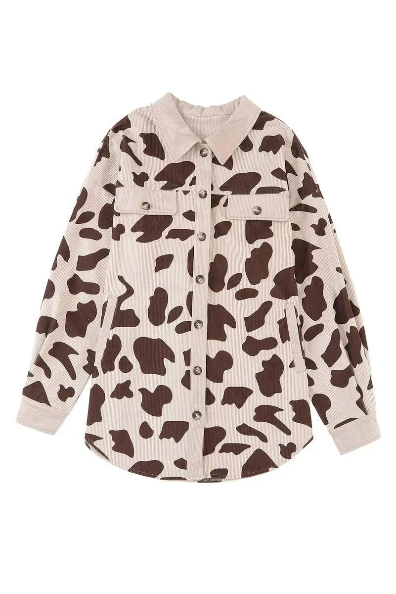 Get Your Moo Print Corduroy Shacket Today - Trendy, Cozy, and Chic!