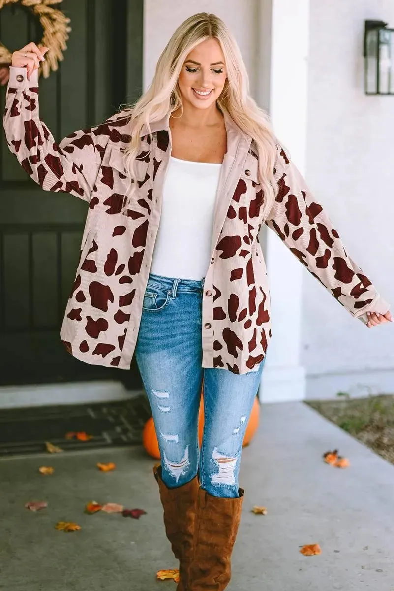 Get Your Moo Print Corduroy Shacket Today - Trendy, Cozy, and Chic!