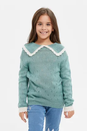 Girls Teal Jacquard Pullover