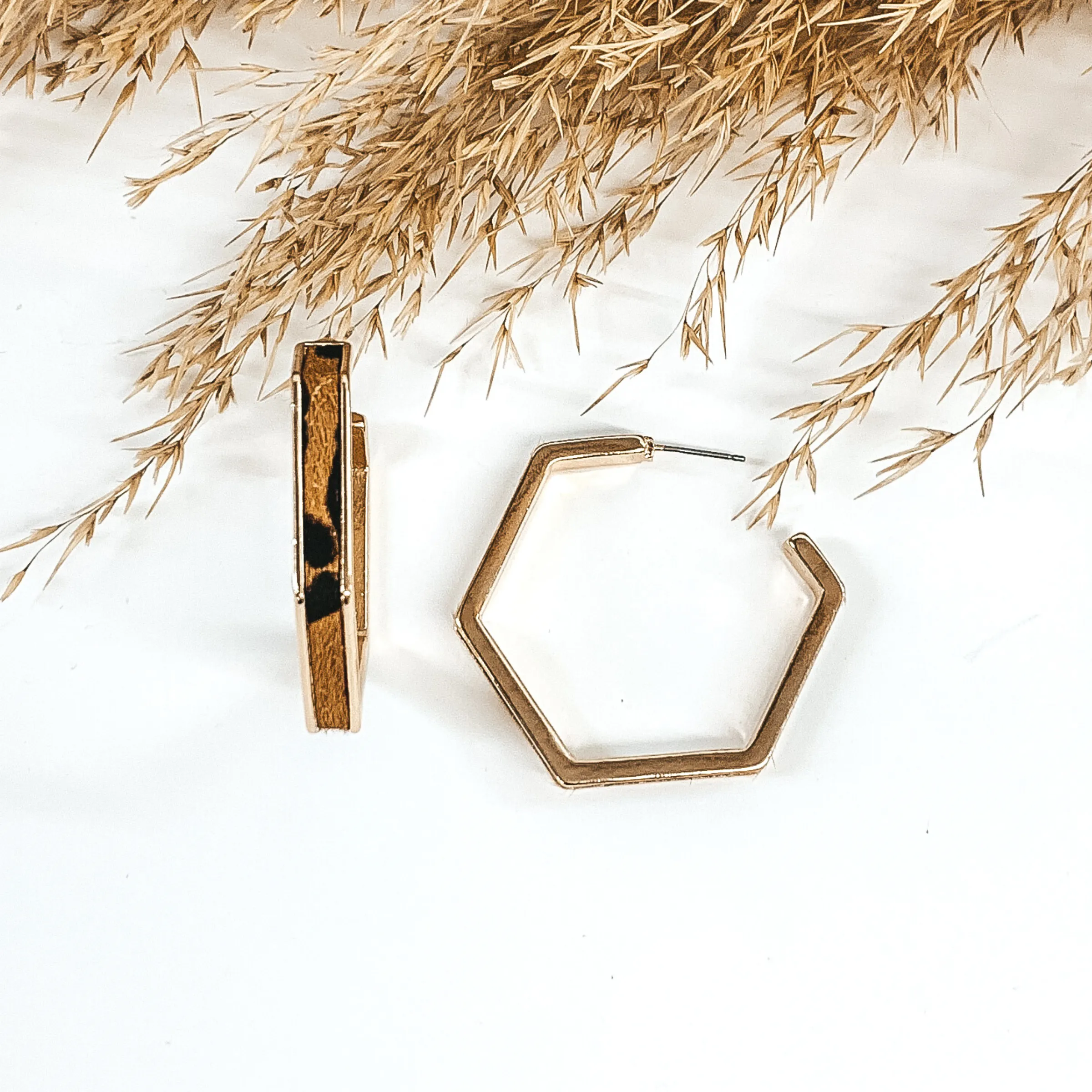 Gold Hexagon Hoops with Cow Hide Inlay in Brown Leopard